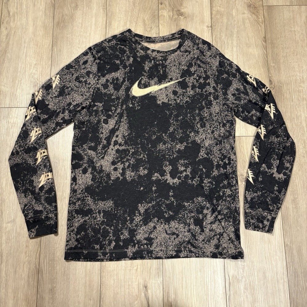 NIKE Men's Large DRI-FIT Acid Wash Metallica Font Long Sleeve T Shirt Black Gold